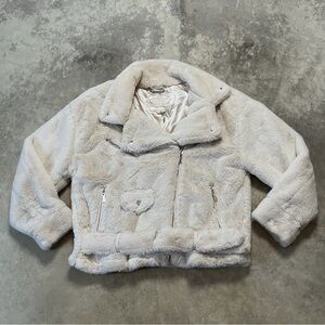 JouJou Faux Fur Jacket Ivory Belted Moto Chic